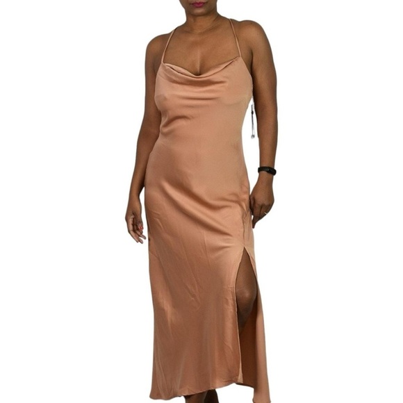 ASTR The Label Gaia Midi Slip Dress Nude Satin Front Thigh Slit Cowl - Picture 1 of 13